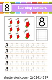 Trace and write numbers. Handwriting practice. Learning numbers for kids. Education developing worksheet. Activity page. Vector illustration.