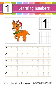 Trace and write numbers. Handwriting practice. Learning numbers for kids. Education developing worksheet. Activity page. Vector illustration.
