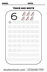 Trace and write practice math number 6 six for kids with unicorns