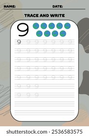 Trace and write practice math number 9 eight for kids 