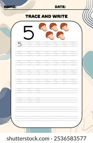 Trace and write practice math number 5 five for kids 