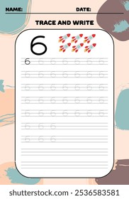 Trace and write practice math number 6 six for kids 