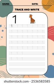Trace and write practice math number 1 one for kids 