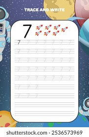 Trace and write practice math numbers for kids with galaxy cosmos and astronaut 7 seven