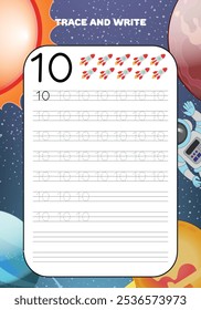 Trace and write practice math numbers for kids with galaxy cosmos and astronaut 10 ten