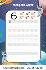 Trace and write practice math numbers for kids with galaxy cosmos and astronaut 6 six