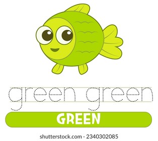 Rastrear y escribir la palabra verde. Práctica de escritura a mano. Aprendiendo colores. Hojas de cálculo para niños.