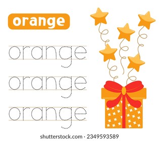 Trace and write word orange. Handwriting practice. Learning colors. with gift box and balloons. Worksheets for kids.
