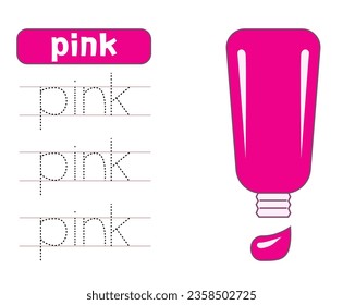 Trace and write word pink and tube of paint. Handwriting practice. Learning colors. Worksheets for kids.