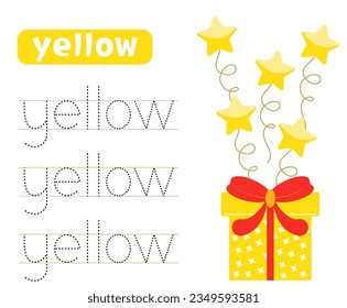 Trace and write word yellow. Handwriting practice. Learning colors. with gift box and balloons. Worksheets for kids.