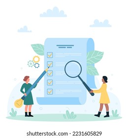 Traceability and product quality control vector illustration. Cartoon tiny people check list items with magnifying glass and pencil, notice options of chain supply, plan and logistics on checklist