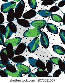 Traced green leafs seamless pattern with dots.