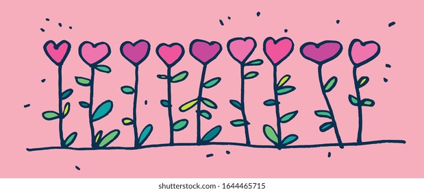 Traced illustration of heartflowers at pink background.