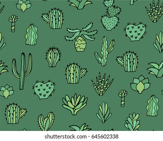 Traced succulents illustration. Seamless pattern. Cacti vector image. 