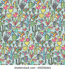 Traced succulents illustration. Seamless pattern. Cacti vector image. 