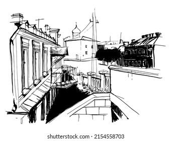 Traced vector ink and pen hand drawn sketch. Black and white urban landscape, ancient church, street in Pskov