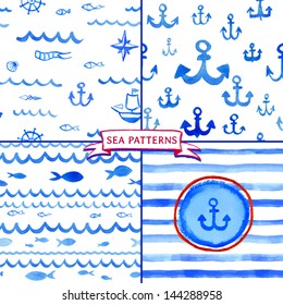 Traced watercolor nautical seamless patterns. Sea decorative elements.