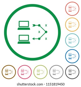 Traceroute remote computer flat color icons in round outlines on white background