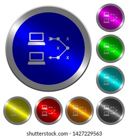 Traceroute remote computer icons on round luminous coin-like color steel buttons