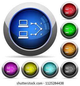 Traceroute remote computer icons in round glossy buttons with steel frames