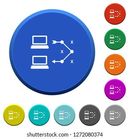Traceroute remote computer round color beveled buttons with smooth surfaces and flat white icons
