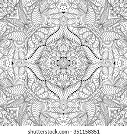 Tracery binary monochrome pattern. Mehendi carpet design. Neat even harmonious calming doodle texture. Also seamless. Indifferent discreet. Ambitious bracing usable, curved doodling mehndi. Vector.