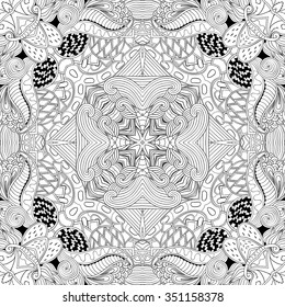 Tracery binary monochrome pattern. Mehendi carpet design. Neat even harmonious calming doodle texture. Also seamless. Indifferent discreet. Ambitious bracing usable, curved doodling mehndi. Vector.
