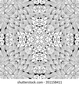 Tracery binary monochrome pattern. Mehendi carpet design. Neat even harmonious calming doodle texture. Also seamless. Indifferent discreet. Ambitious bracing usable, curved doodling mehndi. Vector.