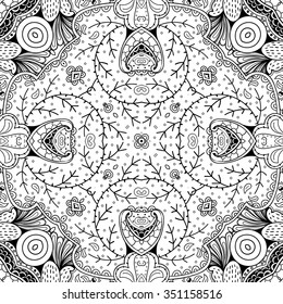 Tracery binary monochrome pattern. Mehendi carpet design. Neat even harmonious calming doodle texture. Also seamless. Indifferent discreet. Ambitious bracing usable, curved doodling mehndi. Vector.