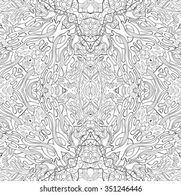 Tracery binary monochrome pattern. Mehendi carpet design. Neat even harmonious calming doodle texture. Also seamless. Indifferent discreet. Ambitious bracing usable, curved doodling mehndi. Vector.
