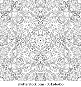 Tracery binary monochrome pattern. Mehendi carpet design. Neat even harmonious calming doodle texture. Also seamless. Indifferent discreet. Ambitious bracing usable, curved doodling mehndi. Vector.