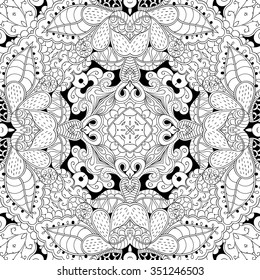 Tracery binary monochrome pattern. Mehendi carpet design. Neat even harmonious calming doodle texture. Also seamless. Indifferent discreet. Ambitious bracing usable, curved doodling mehndi. Vector.