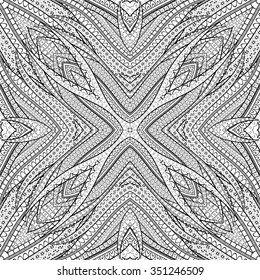 Tracery binary monochrome pattern. Mehendi carpet design. Neat even harmonious calming doodle texture. Also seamless. Indifferent discreet. Ambitious bracing usable, curved doodling mehndi. Vector.