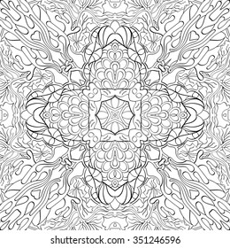 Tracery binary monochrome pattern. Mehendi carpet design. Neat even harmonious calming doodle texture. Also seamless. Indifferent discreet. Ambitious bracing usable, curved doodling mehndi. Vector.