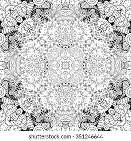 Tracery binary monochrome pattern. Mehendi carpet design. Neat even harmonious calming doodle texture. Also seamless. Indifferent discreet. Ambitious bracing usable, curved doodling mehndi. Vector.