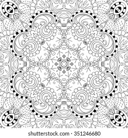 Tracery binary monochrome pattern. Mehendi carpet design. Neat even harmonious calming doodle texture. Also seamless. Indifferent discreet. Ambitious bracing usable, curved doodling mehndi. Vector.