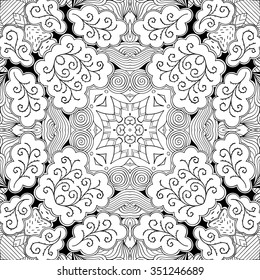 Tracery binary monochrome pattern. Mehendi carpet design. Neat even harmonious calming doodle texture. Also seamless. Indifferent discreet. Ambitious bracing usable, curved doodling mehndi. Vector.