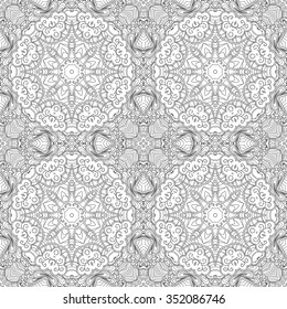 Tracery binary monochrome pattern. Mehendi carpet design. Neat even harmonious calming doodle texture. Also seamless. Indifferent discreet. Ambitious bracing usable, curved doodling mehndi. Vector.
