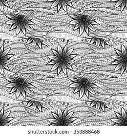 Tracery binary monochrome pattern. Mehendi carpet design. Neat even harmonious calming doodle texture. Also seamless. Indifferent discreet. Ambitious bracing usable, curved doodling mehndi. Vector.