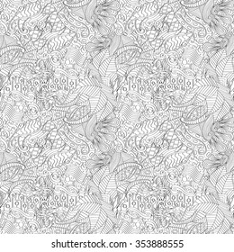 Tracery binary monochrome pattern. Mehendi carpet design. Neat even harmonious calming doodle texture. Also seamless. Indifferent discreet. Ambitious bracing usable, curved doodling mehndi. Vector.
