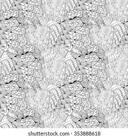 Tracery binary monochrome pattern. Mehendi carpet design. Neat even harmonious calming doodle texture. Also seamless. Indifferent discreet. Ambitious bracing usable, curved doodling mehndi. Vector.