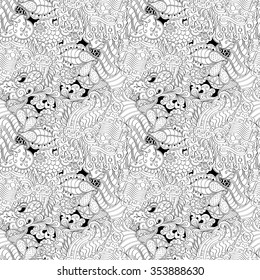 Tracery binary monochrome pattern. Mehendi carpet design. Neat even harmonious calming doodle texture. Also seamless. Indifferent discreet. Ambitious bracing usable, curved doodling mehndi. Vector.