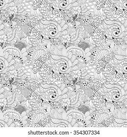 Tracery binary monochrome pattern. Mehendi carpet design. Neat even harmonious calming doodle texture. Also seamless. Indifferent discreet. Ambitious bracing usable, curved doodling mehndi. Vector.