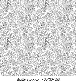 Tracery binary monochrome pattern. Mehendi carpet design. Neat even harmonious calming doodle texture. Also seamless. Indifferent discreet. Ambitious bracing usable, curved doodling mehndi. Vector.