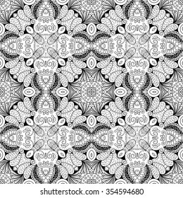 Tracery binary monochrome pattern. Mehendi carpet design. Neat even harmonious calming doodle texture. Also seamless. Indifferent discreet. Ambitious bracing usable, curved doodling mehndi. Vector.