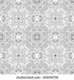 Tracery binary monochrome pattern. Mehendi carpet design. Neat even harmonious calming doodle texture. Also seamless. Indifferent discreet. Ambitious bracing usable, curved doodling mehndi. Vector.