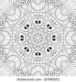 Tracery binary monochrome pattern. Mehendi carpet design. Neat even harmonious calming doodle texture. Also seamless. Indifferent discreet. Ambitious bracing usable, curved doodling mehndi. Vector.