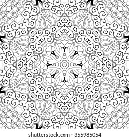 Tracery binary monochrome pattern. Mehendi carpet design. Neat even harmonious calming doodle texture. Also seamless. Indifferent discreet. Ambitious bracing usable, curved doodling mehndi. Vector.