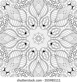Tracery binary monochrome pattern. Mehendi carpet design. Neat even harmonious calming doodle texture. Also seamless. Indifferent discreet. Ambitious bracing usable, curved doodling mehndi. Vector.