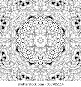 Tracery binary monochrome pattern. Mehendi carpet design. Neat even harmonious calming doodle texture. Also seamless. Indifferent discreet. Ambitious bracing usable, curved doodling mehndi. Vector.